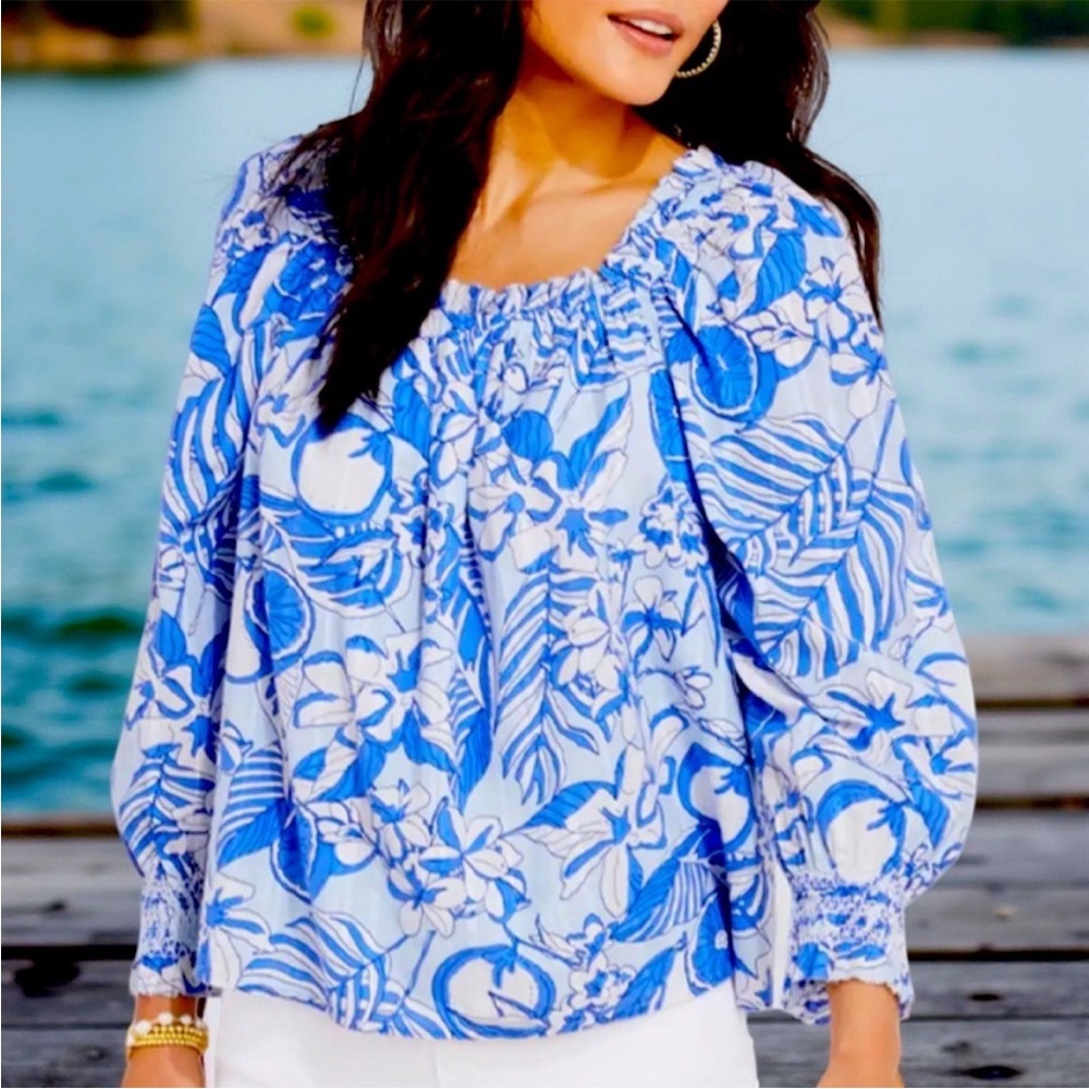 Vineyard Vines Painted Palm Beach Smocked Cotton Blouse On/Off Shoulder Medium